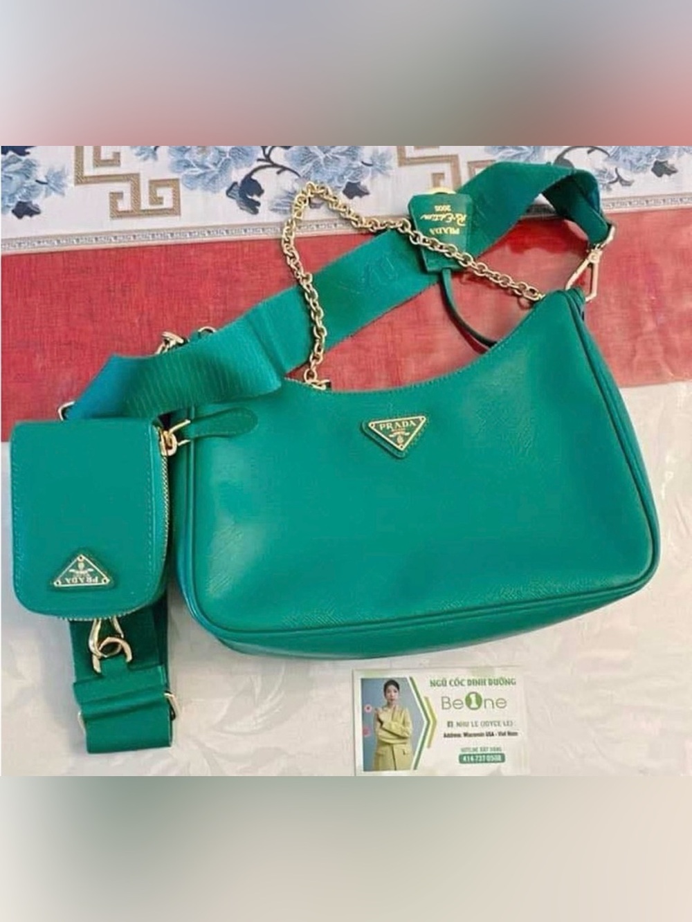 Prada Teal Green Saffiano Shoulder Bag with Gold Chain and Strap Pouch